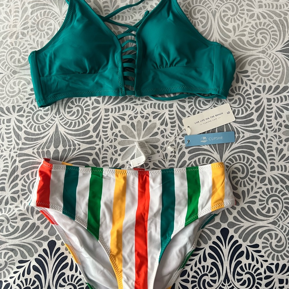 NWT CUPshe bikini stripe bottoms/ teal top size small